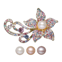 Broche perle d'eau douce, laiton, avec boîte en carton & perle d'eau douce cultivée, fleur, Placage de couleur d'or, pour femme & avec strass, plus de couleurs à choisir, protéger l'environnement, sans nickel, plomb et cadmium, 69x44x10mm, 70x82.5x35mm, Vendu par PC