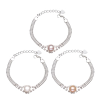 Sötvatten odlade Pearl Bracelet, Mässing, med Plastlåda & Freshwater Pearl, med 4cm extender kedja, platina pläterad, med strass, fler färger för val, nickel, bly och kadmium gratis, 9-10mm, Såld Per Ca 6 inch Strand