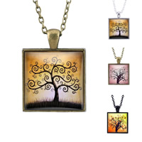 Zinc Alloy Trui Ketting, met ijzeren ketting & Glas, Square, plated, boom des levens ontwerp & tijd gem sieraden & uniseks & ovale keten & sticker, meer kleuren voor de keuze, lood en cadmium vrij, 25mm, Lengte Ca 27.5 inch, 3strengen/Bag, Verkocht door Bag