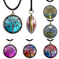 Tree Of Life Necklace Zinc Alloy with Waxed Linen Cord & Glass Flat Round plated time gem jewelry & Unisex & decal lead & cadmium free 25mm Length Approx 17.5 Inch Sold By Bag