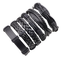 cuir PU Set de bracelet, avec Ciré Nylon & cuir de peau de vache, réglable & pour homme, noire, Longueur Environ 7-7.8 pouce, 6Strandstoron/fixé, Vendu par fixé