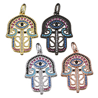 Evil Eye Hangers, Messing, Hamsa, plated, boze oog patroon & micro pave zirconia, meer kleuren voor de keuze, 21.50x30x4mm, Gat:Ca 3x5.5mm, 5pC's/Lot, Verkocht door Lot