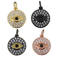 Pendentifs mauvais oeil, laiton, Plat rond, Placage, motif de mauvais œil & pavé de micro zircon, plus de couleurs à choisir, 12x14x2.50mm, Trou:Environ 3mm, 10PC/lot, Vendu par lot