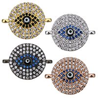 Connecteur Evil Eye, laiton, Plat rond, Placage, motif de mauvais œil & pavé de micro zircon & boucle de 1/1, plus de couleurs à choisir, 18x10x2mm, Trou:Environ 1mm, 10PC/lot, Vendu par lot