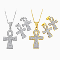 Roestvrij staal sieraden sets, oorbel & halsketting, met 2Inch extender keten, Ankh Kruis, plated, ovale keten & voor vrouw & stardust, meer kleuren voor de keuze, 21x33mm, 1.5mm, 15x20mm, Lengte Ca 18 inch, 10sets/Lot, Verkocht door Lot