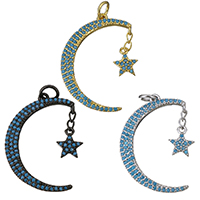 Cúbicos Circonia Colgante Latón Micro pavimenta, metal, Luna y estrella, chapado, micro arcilla de zirconia cúbica, más colores para la opción, 17x26.50x2mm, agujero:aproximado 3mm, 5PCs/Grupo, Vendido por Grupo