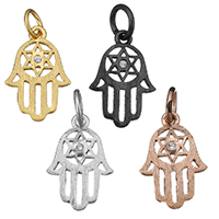 Messing hanger met micro-paved kubieke zirconia's, Hamsa, plated, micro pave zirconia & hol, meer kleuren voor de keuze, 9x13x1mm, Gat:Ca 3mm, 20pC's/Lot, Verkocht door Lot