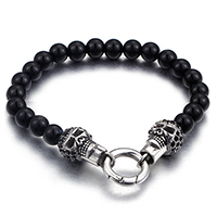 Rustfrit stål smykker Armbånd, Glas, med Stainless Steel, Skull, beaded armbånd & for mennesket & med rhinestone & sværte, 18x13mm, 8mm, Solgt Per Ca. 8.5 inch Strand