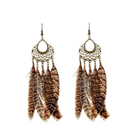 Mode Feather Earring, Zinc Alloy, met Veer, messing oorbel haak, antiek messing plated, Bohemien stijl & voor vrouw, nikkel, lood en cadmium vrij, 43x127mm, Verkocht door pair