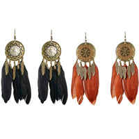 Mode Feather Earring, Zinc Alloy, met Veer, messing oorbel haak, antiek messing plated, Bohemien stijl & voor vrouw, meer kleuren voor de keuze, nikkel, lood en cadmium vrij, 42x121mm, Verkocht door pair