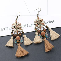 Fashion Fringe Boucles d'oreilles, alliage de zinc, avec corde en nylon & bois, laiton boucle d'oreille crochet, vert cuivre plaqué, Style bohème & pour femme & émail & avec strass, protéger l'environnement, sans nickel, plomb et cadmium, 40x100mm, Vendu par paire