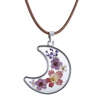 Flytande Locket Necklace, Zink Alloy, med Vaxat Hampa Cord & Torkade blommor & Glas, med 5cm extender kedja, Månen, platina pläterad, för kvinna, leda & kadmiumfri, 36x28mm, Såld Per Ca 18 inch Strand