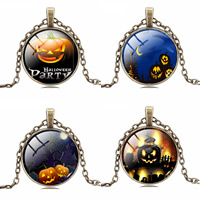 Halloween halskæde, Zinc Alloy, med jern kæde & Glas, Flad Rund, antik bronze farve forgyldt, tid perle smykker & Halloween smykker gave & oval kæde & forskellige design til valg & for kvinde, bly & cadmium fri, 25mm, Solgt Per Ca. 21.5 inch Strand