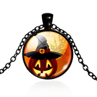 Ketting Halloween, Zinc Alloy, met ijzeren ketting & Glas, Rond plat, plated, tijd gem sieraden & Halloween Jewelry Gift & ovale keten & voor vrouw, meer kleuren voor de keuze, lood en cadmium vrij, 25mm, Per verkocht Ca 17.5 inch Strand