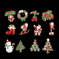 Broches de Natal, liga de zinco, banhado, Jóias de Natal & Vario tipos a sua escolha & esmalte & com strass, Chumbo e cádmio livre, 50-60mm, vendido por PC