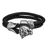 Los hombres de la pulsera y del brazalete, acero inoxidable, con cable de piel de vaca, Dragón, pulsera trenzada & para hombre & 2-sarta & ennegrezca, 19x16mm, 10mm, Vendido para aproximado 8 Inch Sarta