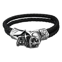 Pulseira masculina, aço inoxidável, with cabo de couro, Crânio, pulseira trançada & para o homem & 2 fios & escurecer, 25x18mm, 10mm, vendido para Aprox 8 inchaltura Strand