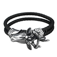 Los hombres de la pulsera y del brazalete, acero inoxidable, con cable de piel de vaca, Calavera, pulsera trenzada & para hombre & 2-sarta & ennegrezca, 44x24mm, 10mm, Vendido para aproximado 8 Inch Sarta