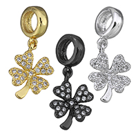 Messing European vedhæng, Four Leaf Clover, forgyldt, Micro Pave cubic zirconia & uden trold, flere farver til valg, 3x10x8mm, 10x14x2mm, Hole:Ca. 5mm, 20pc'er/Lot, Solgt af Lot