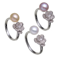 Freshwater Pearl Cuff finger ring, med Velvet box & Mässing, platina pläterad, micro bana cubic zirconia & för kvinna, fler färger för val, nickel, bly och kadmium gratis, 20x26x9.50mm, Storlek:7-9, Säljs av Box