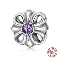 An Téalainn Sterling Silver European Bead, Flower, micrea réiteach zirconia ciúbach & gan troll, 11x11x11mm, Poll:Thart 4.5mm, Díolta De réir PC