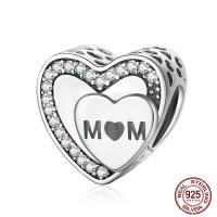 Thailand Sterling Sølv European Bead, Heart, ordet mor, Micro Pave cubic zirconia & uden trold & hule, 11x11x8mm, Hole:Ca. 4.5mm, Solgt af PC