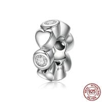 925 Sterling Silver European Beads, 925 argento sterlina, Cuore, Micro spianare cubic zirconia & senza filo, 10x10x3mm, Foro:Appross. 4.5mm, Venduto da PC