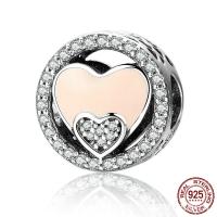 Thailand Sterling Sølv European Bead, Heart, Micro Pave cubic zirconia & uden trold & emalje, 12x12mm, Hole:Ca. 4.5mm, Solgt af PC