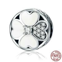 Thailand Sterling Silver European Kraal, Four Leaf Clover, micro pave zirconia & zonder troll & glazuur, 12x12mm, Gat:Ca 4.5mm, Verkocht door PC