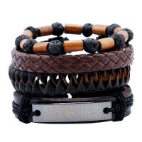 PU Armband-Set, met Hennep & Lava & Hout & Zinc Alloy, lood zwarte kleur vergulde, verstelbaar & met brief patroon & voor de mens, nikkel, lood en cadmium vrij, Lengte Ca 6.6 inch, 4strengen/Stel, Verkocht door Stel