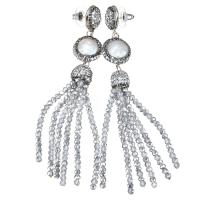 Fashion Statement Earring Brass with rubber earnut & Rhinestone Clay Pave & White Shell & Crystal Tassel platinum color plated natural & for woman 105mm Sold By Lot