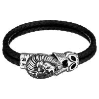 Los hombres de la pulsera y del brazalete, Cuero de vaca, con acero inoxidable, León, pulsera trenzada & para hombre & 2-sarta & ennegrezca, Negro, 31.5x18mm, 19x18mm, 5mm, Vendido para aproximado 9 Inch Sarta