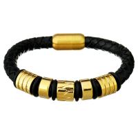 Bracelet homme, cuir de peau de vache, avec acier inoxydable, Placage de couleur d'or, bracelet tressé & pour homme, noire, 9x11mm, 21x12mm,8mm, Vendu par Environ 8.5 pouce brin