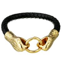 Los hombres de la pulsera y del brazalete, Cuero de vaca, con acero inoxidable, Serpiente, chapado en color dorado, pulsera trenzada & para hombre, Negro, 32x15mm, 8mm, Vendido para aproximado 8.5 Inch Sarta