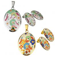 Emalj Rostfritt Stål Smycken Set, hänge & örhänge, ROSTFRITT STÅL, Flat Oval, plated, för kvinna, fler färger för val, 25x39mm, 12x23mm, Hål:Ca 5x8mm, 5Satser/Lot, Säljs av Lot