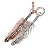 Mässing Smycken Hängen, Feather, plated, micro bana cubic zirconia, fler färger för val, 9x40x3mm, Hål:Ca 6mm, 10PC/Lot, Säljs av Lot