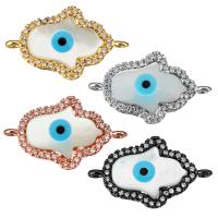 Mal Conector de ojos, metal, con Nácar Blanca & resina, Hamsa, chapado, patrón de malvado de ojo & micro arcilla de zirconia cúbica & 1/1 aro, más colores para la opción, 22.50x14x3mm, agujero:aproximado 1mm, 10PCs/Grupo, Vendido por Grupo