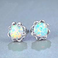 Messing oorbelknoppen, met White Opal, platinum plated, voor vrouw, nikkel, lood en cadmium vrij, 8x17mm, Verkocht door pair