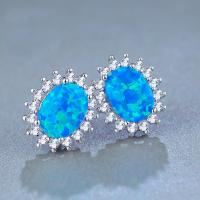 Brass Stud Earring with Blue Opal platinum color plated for woman & with cubic zirconia nickel lead & cadmium free Sold By Pair