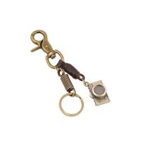 Key Chain, Zinc Alloy, med Læder, Kamera, antik bronze farve forgyldt, bly & cadmium fri, 140x30mm,30x18mm, Solgt af PC