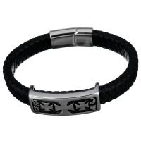 Los hombres de la pulsera y del brazalete, acero inoxidable, con cable de piel de vaca, pulsera trenzada & para hombre & ennegrezca, 40x25mm, 29x14mm, 8.5mm, Vendido para aproximado 9 Inch Sarta