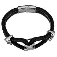 De Armband van mensen, Roestvrij staal, met koeienhuid koord, Schedel, gevlochten armband & voor de mens & 2-strengs & zwart maken, 16.5x15.5mm, 29x14mm, 5.5mm, Per verkocht Ca 9 inch Strand