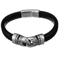 Los hombres de la pulsera y del brazalete, acero inoxidable, con cable de piel de vaca, pulsera trenzada & para hombre & ennegrezca, 43x16mm, 29x14mm, 12mm, Vendido para aproximado 8.5 Inch Sarta