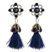 Fashion Fringe Oorbellen, Nylon Koord, met ABS kunststof parel & Zinc Alloy, roestvrij staal oorbel bericht, antiek goud plated, voor vrouw, blauw, 50mm, Verkocht door pair