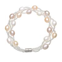 Fionnuisce saothraithe Pearl Bracelet, Pearl Fionnuisce, le Coirníní Gloine Síl, Rís, dath platanam plátáilte, do bhean, dathanna measctha, 7-8mm, Díolta Per Thart 7.5 Inse Snáithe