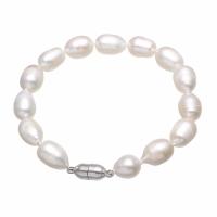 Pulseras de Perlas Freshwater, Perlas cultivadas de agua dulce, con metal, Arroz, chapado en color de platina, para mujer, Blanco, 9-10mm, Vendido para aproximado 7.5 Inch Sarta