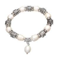 Freshwater Kulturperler Pearl Bracelet, Ferskvandsperle, med Zinc Alloy, Ris, antik sølv farve forgyldt, for kvinde & med rhinestone, hvid, 8-9mm, Solgt Per Ca. 7 inch Strand