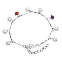 Freshwater Kulturperler Pearl Bracelet, Ferskvandsperle, med aluminium blomst ornament & Messing, Kartoffel, platin farve forgyldt, for kvinde, hvid, 5-6mm, Solgt Per Ca. 7 inch Strand