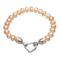 Sötvatten odlade Pearl Bracelet, Freshwater Pearl, med Mässing, Knapp, platina pläterad, för kvinna, rosa, 8mm, Såld Per Ca 7 inch Strand