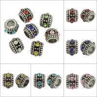 Lo zinco in lega European Beads, lega in zinco, Tamburo, placcato argento antico, senza filo & con strass & foro grande, nessuno, assenza di piombo & cadmio, 11x11x8mm, Foro:Appross. 7mm, 50PC/borsa, Venduto da borsa